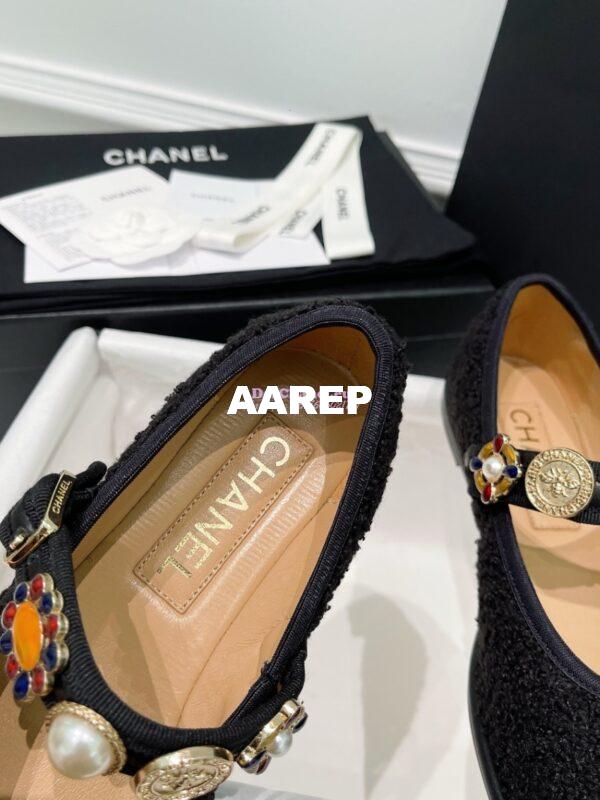 Replica Chanel 24P Mary Janes in Wool Tweed, Imitation Pearls, Strass G45778 Black 7