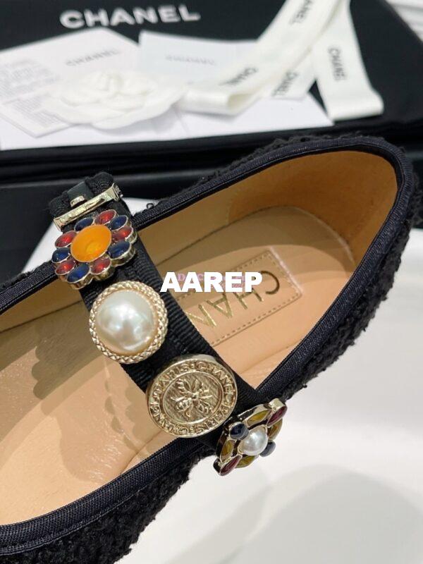 Replica Chanel 24P Mary Janes in Wool Tweed, Imitation Pearls, Strass G45778 Black 9