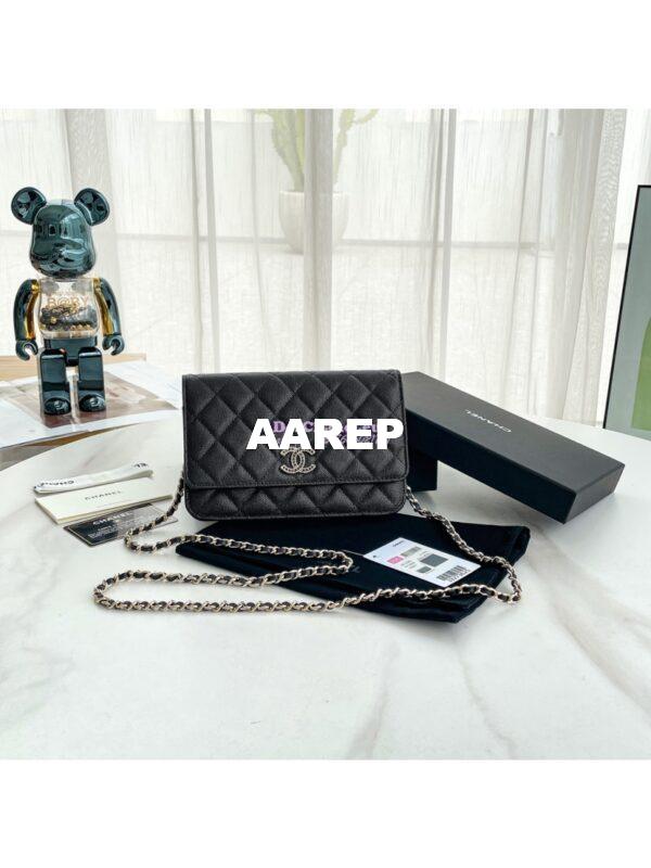 Replica Chanel Wallet On Chain WOC with Strass and Gold hardware AP3395 Black 3