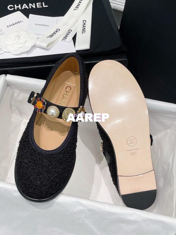 Replica Chanel 24P Mary Janes in Wool Tweed, Imitation Pearls, Strass G45778 Black 11