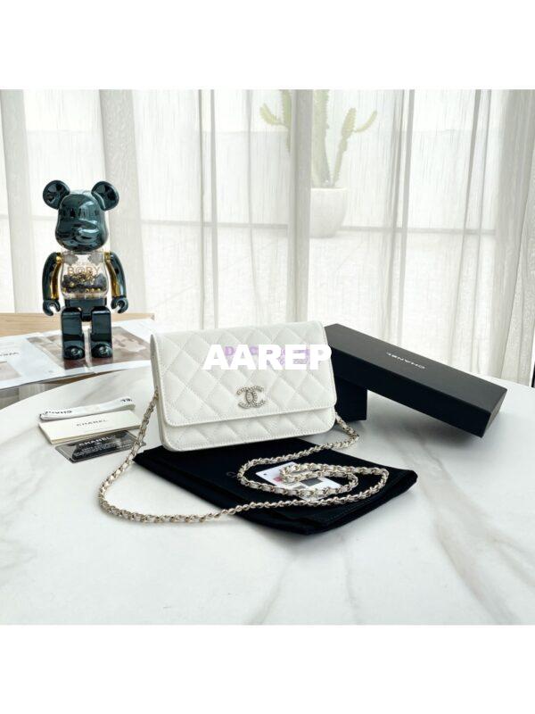 Replica Chanel Wallet On Chain WOC with Strass and Gold hardware AP3395 White 3