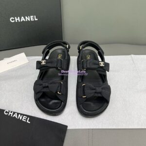 Replica Chanel Luxe CC Grossgrain and Calfskin Sandals G35927 Black with Bow