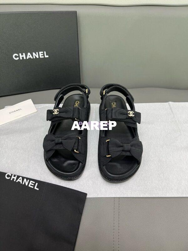 Replica Chanel Luxe CC Grossgrain and Calfskin Sandals G35927 Black with Bow 3