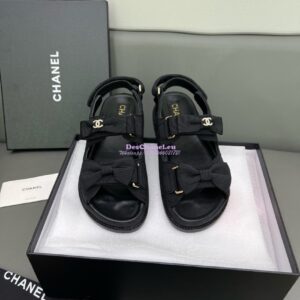 Replica Chanel Luxe CC Grossgrain and Calfskin Sandals G35927 Black with Bow 2