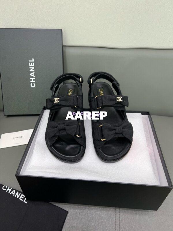 Replica Chanel Luxe CC Grossgrain and Calfskin Sandals G35927 Black with Bow 4