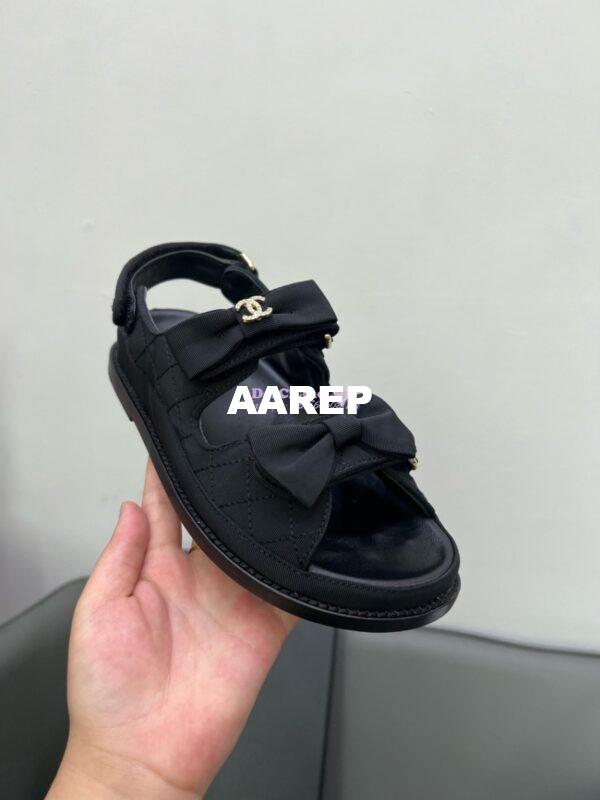 Replica Chanel Luxe CC Grossgrain and Calfskin Sandals G35927 Black with Bow 5