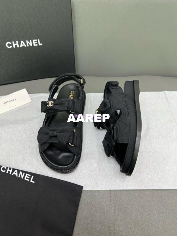 Replica Chanel Luxe CC Grossgrain and Calfskin Sandals G35927 Black with Bow 6