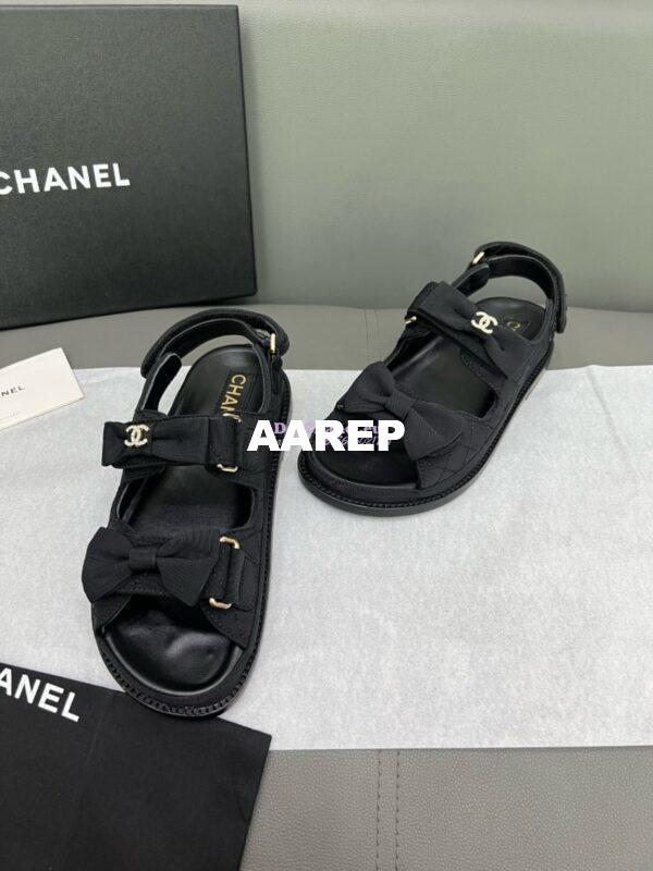 Replica Chanel Luxe CC Grossgrain and Calfskin Sandals G35927 Black with Bow 7