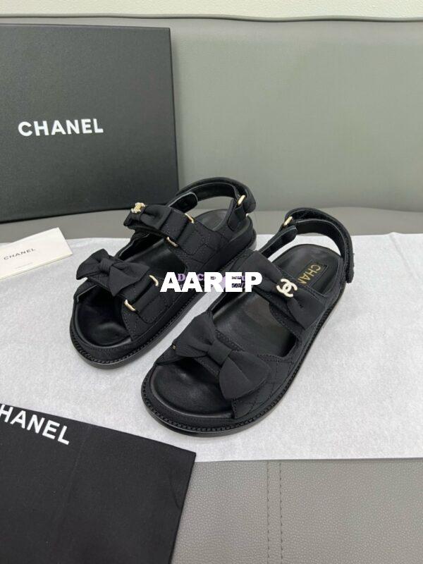 Replica Chanel Luxe CC Grossgrain and Calfskin Sandals G35927 Black with Bow 8