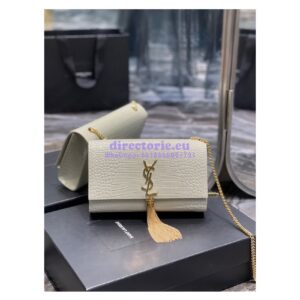 Replica YSL Classic Medium Kate Monogram Saint Laurent Tassel Satchel In Blanc Crocodile Embossed Shiny Leather 354119