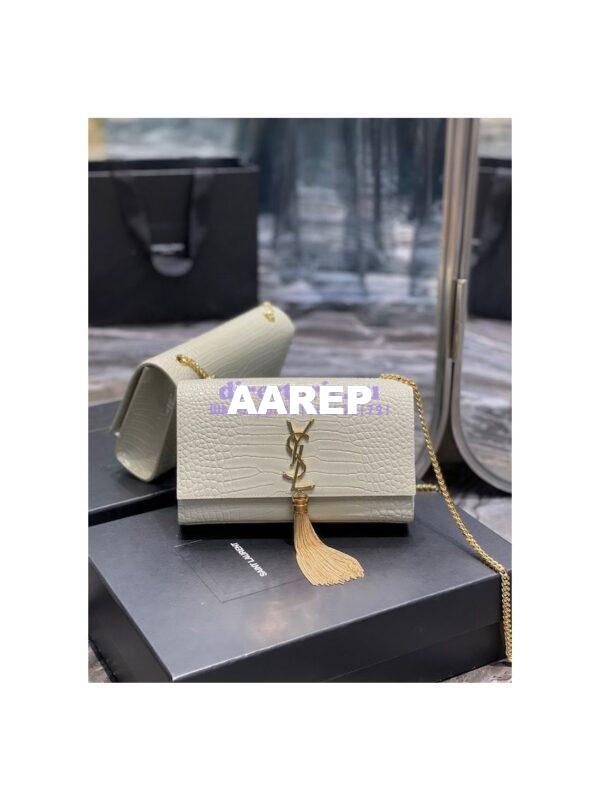 Replica YSL Classic Medium Kate Monogram Saint Laurent Tassel Satchel In Blanc Crocodile Embossed Shiny Leather 354119 3