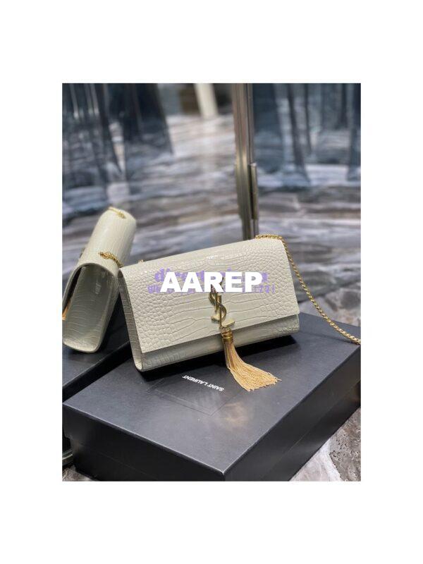 Replica YSL Classic Medium Kate Monogram Saint Laurent Tassel Satchel In Blanc Crocodile Embossed Shiny Leather 354119 4