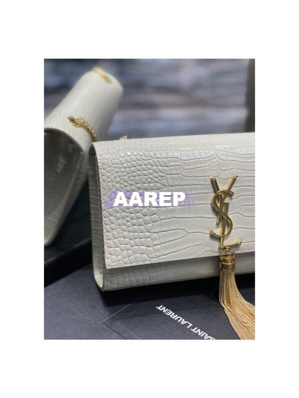 Replica YSL Classic Medium Kate Monogram Saint Laurent Tassel Satchel In Blanc Crocodile Embossed Shiny Leather 354119 5