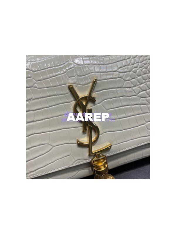 Replica YSL Classic Medium Kate Monogram Saint Laurent Tassel Satchel In Blanc Crocodile Embossed Shiny Leather 354119 7