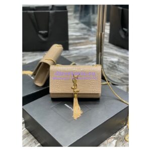 Replica YSL Saint Laurent Kate Chain Wallet With Tassel In Crocodile-embossed Shiny Leather 452159 Beige