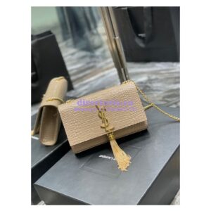 Replica YSL Saint Laurent Kate Chain Wallet With Tassel In Crocodile-embossed Shiny Leather 452159 Beige 2