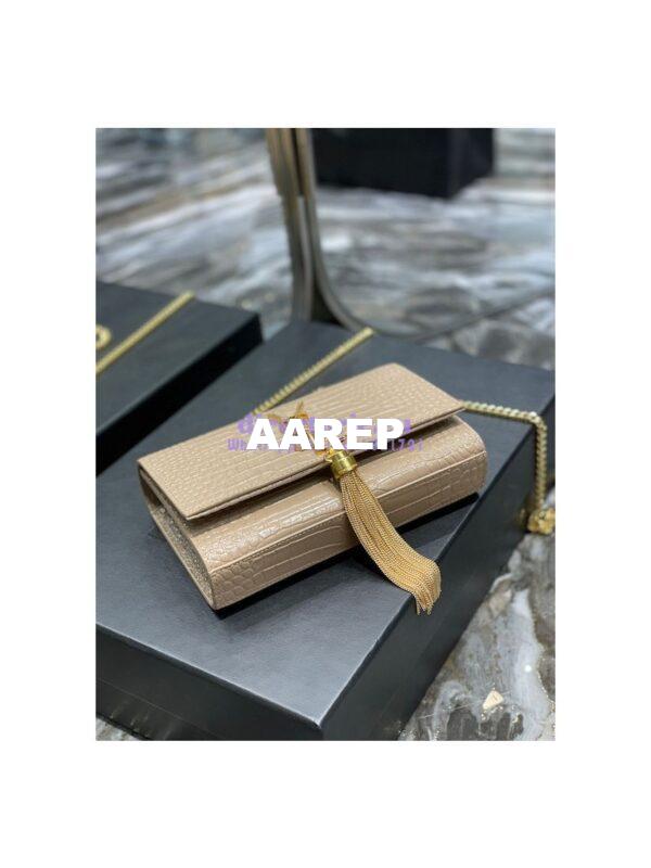 Replica YSL Saint Laurent Kate Chain Wallet With Tassel In Crocodile-embossed Shiny Leather 452159 Beige 8