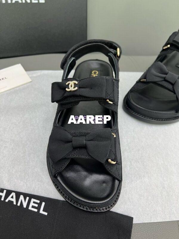 Replica Chanel Luxe CC Grossgrain and Calfskin Sandals G35927 Black with Bow 10