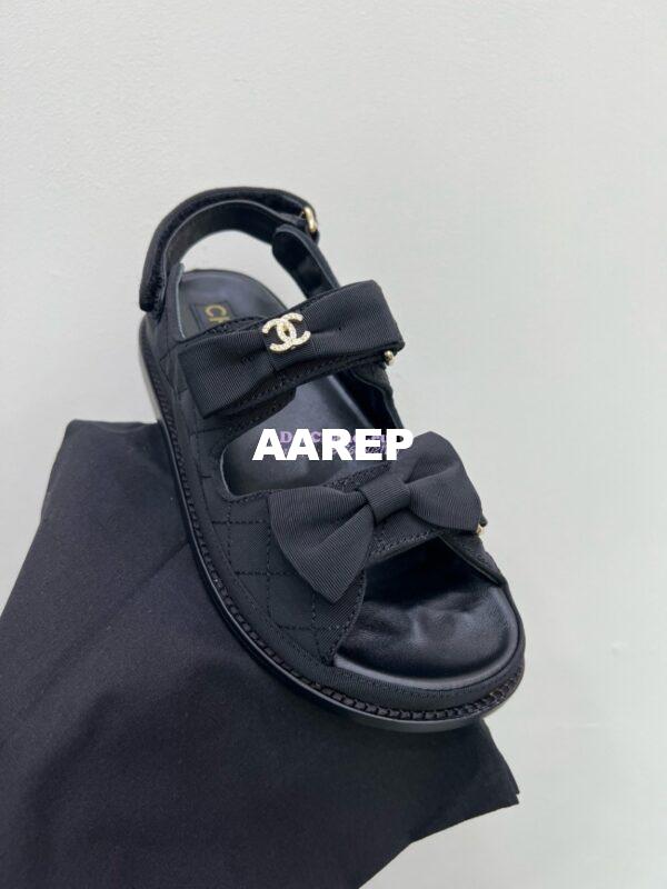 Replica Chanel Luxe CC Grossgrain and Calfskin Sandals G35927 Black with Bow 11