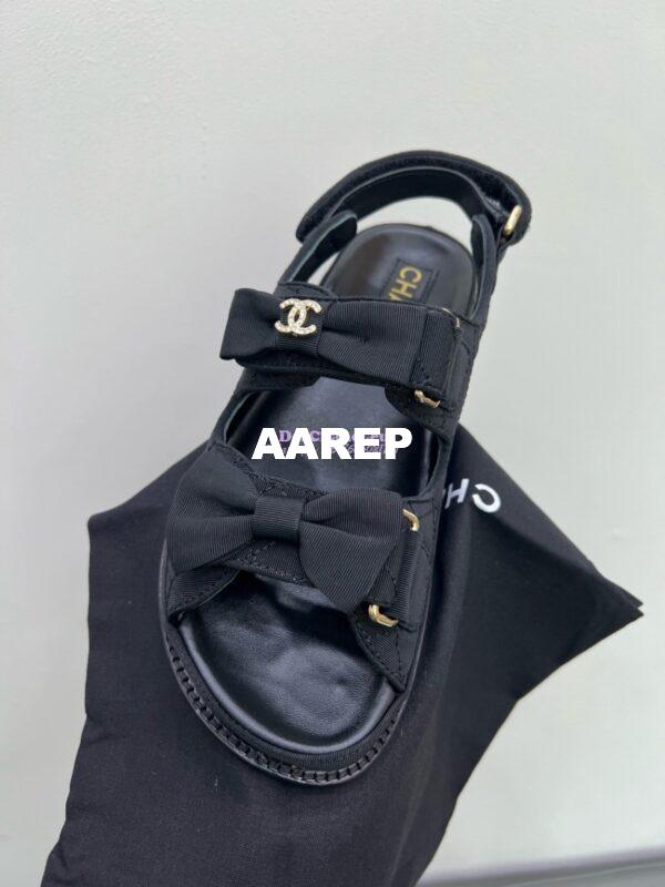 Replica Chanel Luxe CC Grossgrain and Calfskin Sandals G35927 Black with Bow 17