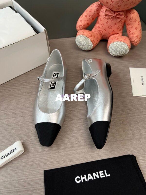 Replica Chanel 24SS Mary Janes Mules Lambskin and Grossgrain Ballet Flats G45484 Metallic Silver