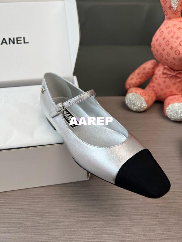 Replica Chanel 24SS Mary Janes Mules Lambskin and Grossgrain Ballet Flats G45484 Metallic Silver 2