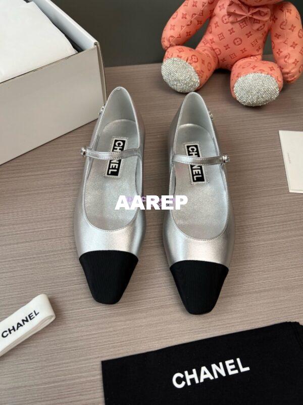 Replica Chanel 24SS Mary Janes Mules Lambskin and Grossgrain Ballet Flats G45484 Metallic Silver 3