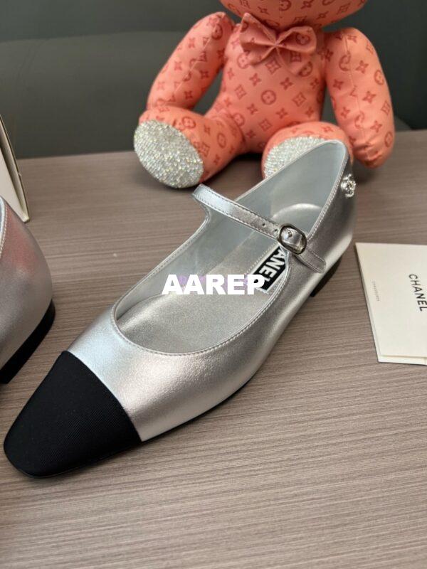 Replica Chanel 24SS Mary Janes Mules Lambskin and Grossgrain Ballet Flats G45484 Metallic Silver 4
