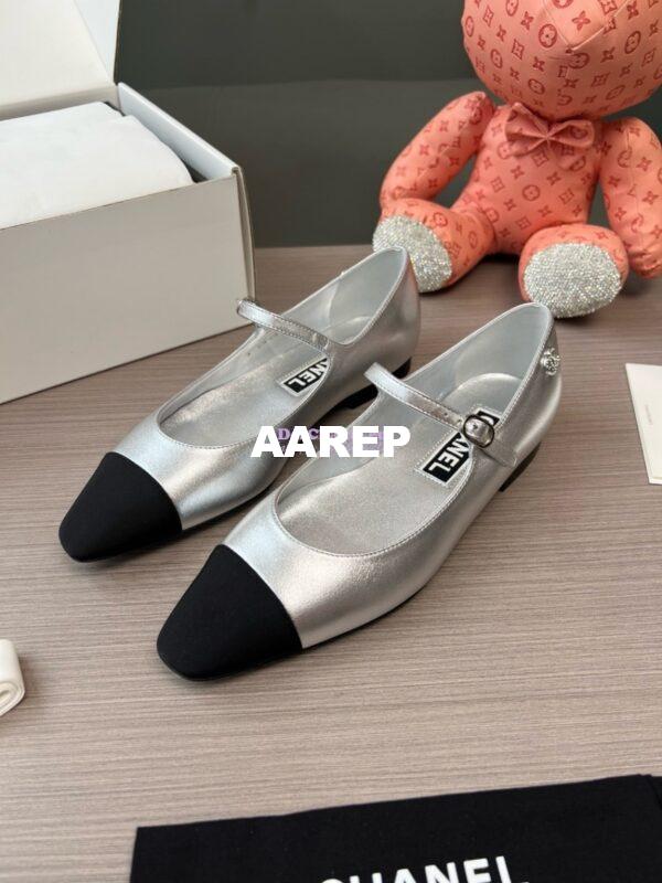 Replica Chanel 24SS Mary Janes Mules Lambskin and Grossgrain Ballet Flats G45484 Metallic Silver 6