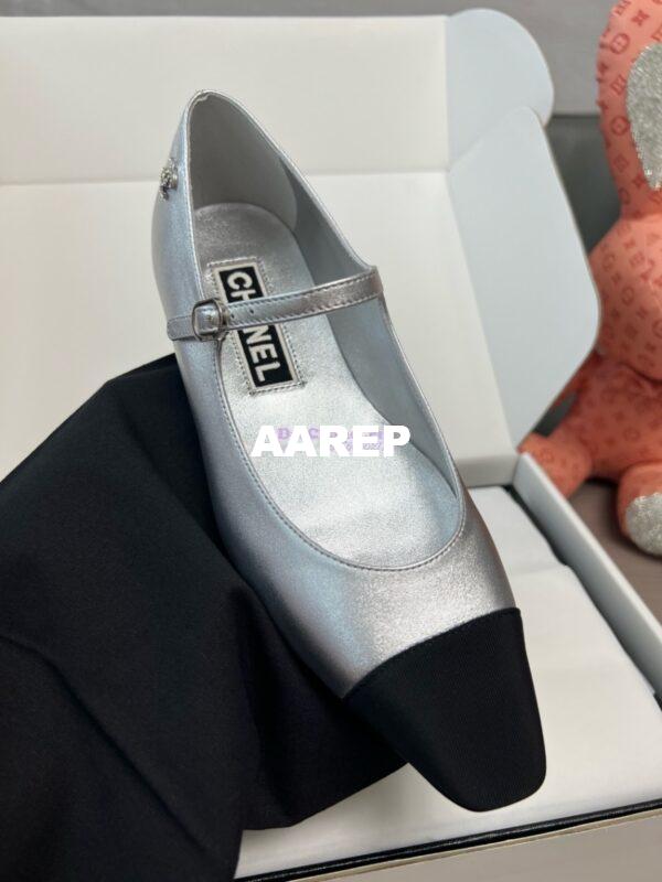 Replica Chanel 24SS Mary Janes Mules Lambskin and Grossgrain Ballet Flats G45484 Metallic Silver 7
