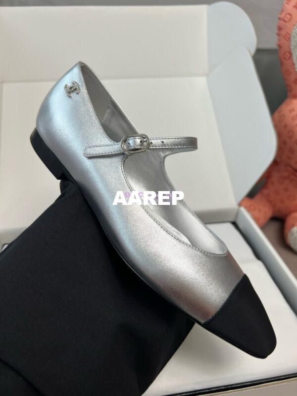 Replica Chanel 24SS Mary Janes Mules Lambskin and Grossgrain Ballet Flats G45484 Metallic Silver 9