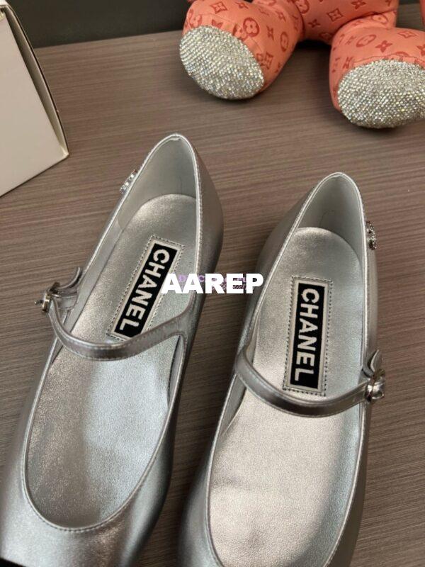 Replica Chanel 24SS Mary Janes Mules Lambskin and Grossgrain Ballet Flats G45484 Metallic Silver 14