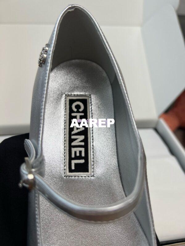 Replica Chanel 24SS Mary Janes Mules Lambskin and Grossgrain Ballet Flats G45484 Metallic Silver 15