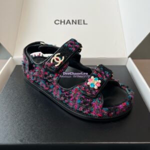 Replica Chanel Limited Edition Luxe CC Iridescent Tweed Velco Sandals G35927 Multicolour Pink