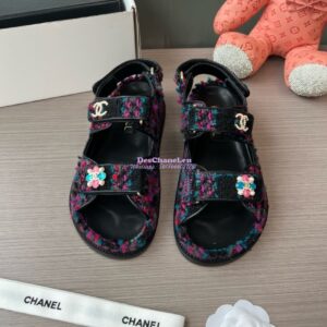 Replica Chanel Limited Edition Luxe CC Iridescent Tweed Velco Sandals G35927 Multicolour Pink 2
