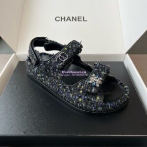 Replica Chanel Limited Edition Luxe CC Iridescent Tweed Velco Sandals G35927 Multicolor Navy Blue