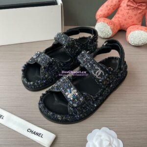 Replica Chanel Limited Edition Luxe CC Iridescent Tweed Velco Sandals G35927 Multicolor Navy Blue 2