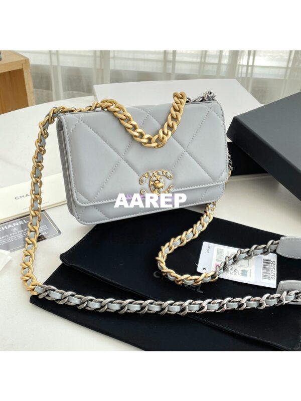 Replica Chanel 19 Wallet On Chain WOC AP0957 Grey Gold hardware 2