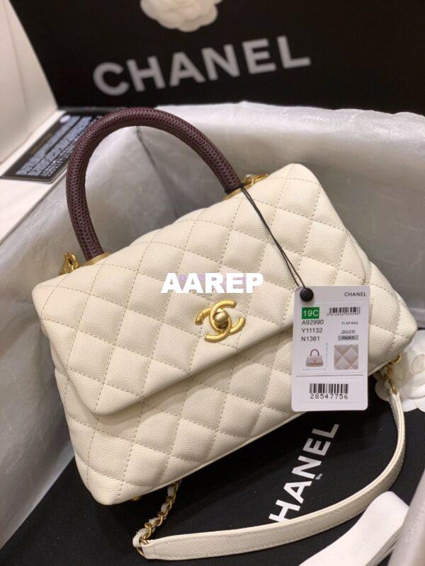 Replica Chanel Coco Grained Calfskin Flap Bag White with Lizard Handle