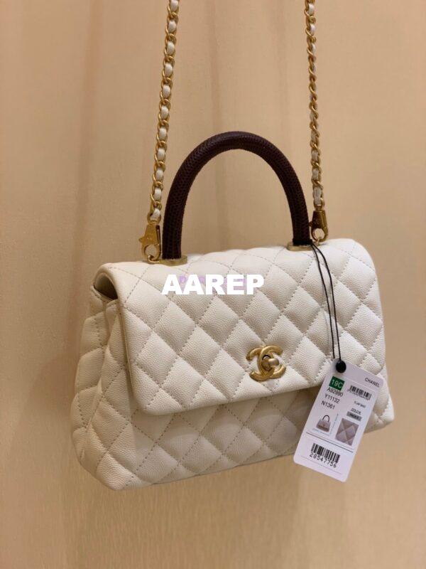 Replica Chanel Coco Grained Calfskin Flap Bag White with Lizard Handle 2