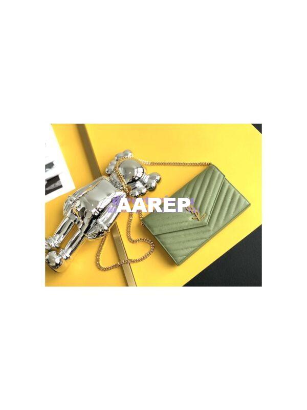 Replica YSL Saint Laurent Monogram Chain Wallet Grain De Poudre Textured Matelasse Leather Pistache 3