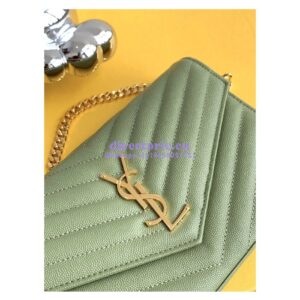 Replica YSL Saint Laurent Monogram Chain Wallet Grain De Poudre Textured Matelasse Leather Pistache 2