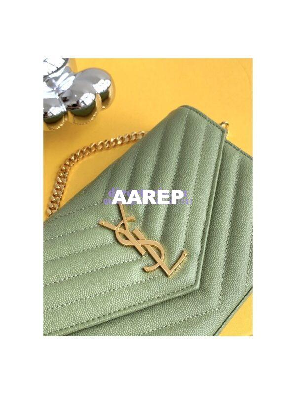 Replica YSL Saint Laurent Monogram Chain Wallet Grain De Poudre Textured Matelasse Leather Pistache 4
