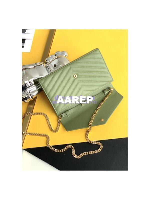 Replica YSL Saint Laurent Monogram Chain Wallet Grain De Poudre Textured Matelasse Leather Pistache 6