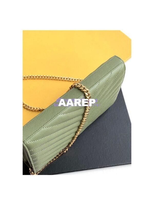 Replica YSL Saint Laurent Monogram Chain Wallet Grain De Poudre Textured Matelasse Leather Pistache 11
