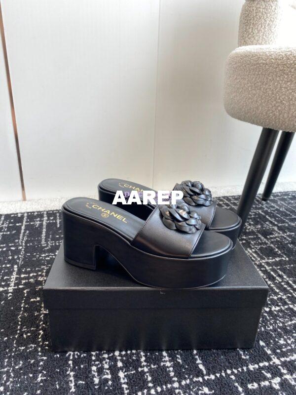 Replica Chanel Camellia Lambskin Platform Mules G45499 Black 4