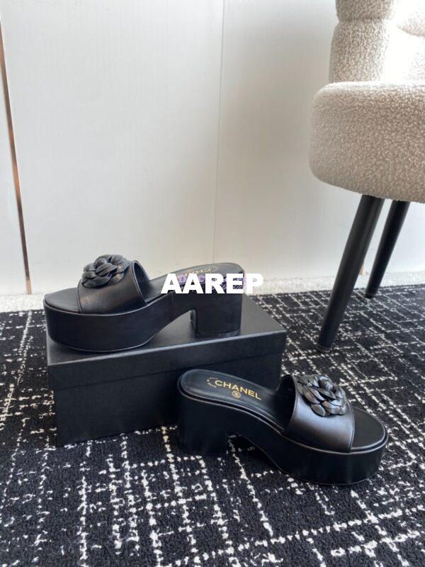 Replica Chanel Camellia Lambskin Platform Mules G45499 Black 5