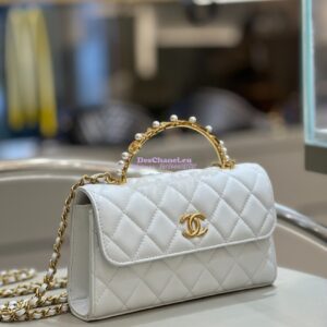 Replica Chanel Lambskin Flap Phone Holder with Chain with Imitation Pearls & Enamel AP3512 White