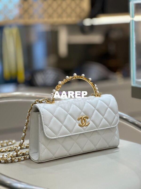 Replica Chanel Lambskin Flap Phone Holder with Chain with Imitation Pearls & Enamel AP3512 White 3