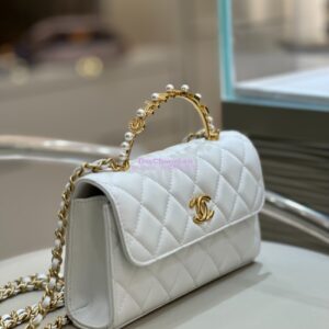 Replica Chanel Lambskin Flap Phone Holder with Chain with Imitation Pearls & Enamel AP3512 White 2